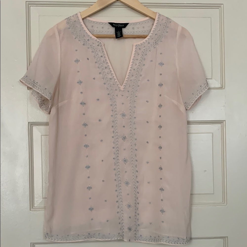 White House Black Market Pink Flutter Sleeve Embellished Blouse